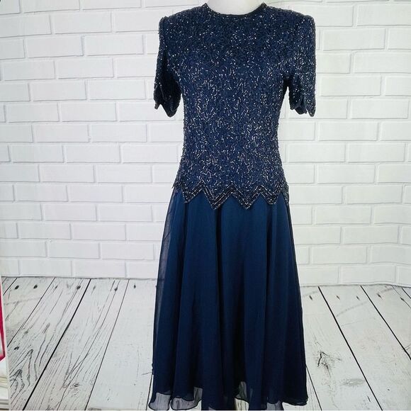 NWT Brilliante by J.A. Navy Sequin Beaded Mother of the Bride Dress - Size Small - Picture 1 of 16